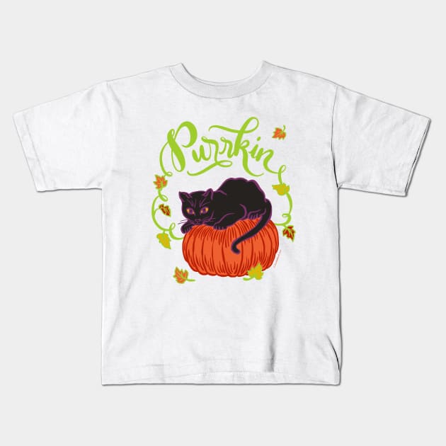 Funny Halloween Black Cat on Pumpkin Purrkin Fall Autumn Kids T-Shirt by DoubleBrush